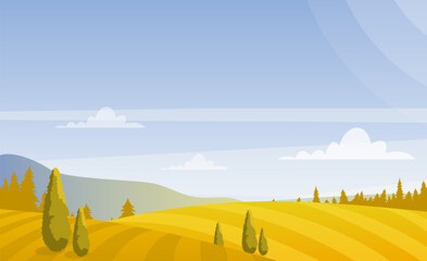 Vector illustration of beautiful autumn fields landscape with sky and mountains in pastel colors. Countryside concept in flat style.