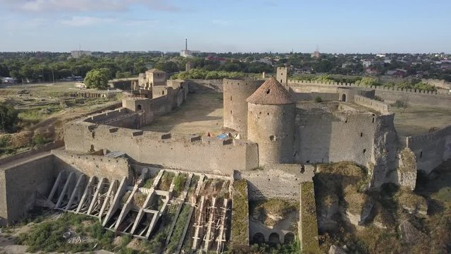 Aerial view from drone to ancient fortress Akkerman which is on the bank of the Dniester estuary, Bilhorod-Dnistrovskyi city, Odessa region, Ukraine