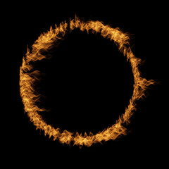 Conceptual yellow orange hot raging blaze of fire, circle round ring flame shape isolated black background. A abstract flammable danger inferno realistic burn fiery heat energy efect 3D illustration