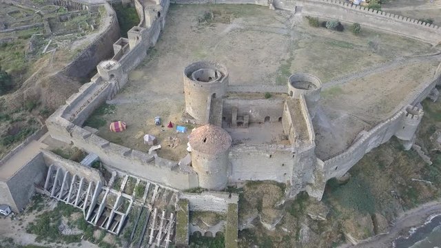 Aerial view from drone to ancient fortress Akkerman which is on the bank of the Dniester estuary, Bilhorod-Dnistrovskyi city, Odessa region, Ukraine