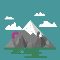 Mountain landscape in a flat style with a bonfire and a tent