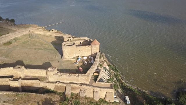 Aerial view from drone to ancient fortress Akkerman which is on the bank of the Dniester estuary, Bilhorod-Dnistrovskyi city, Odessa region, Ukraine