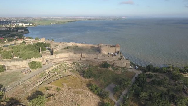 Aerial view from drone to ancient fortress Akkerman which is on the bank of the Dniester estuary, Bilhorod-Dnistrovskyi city, Odessa region, Ukraine