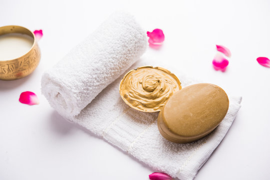 Herbal Or Ayurvedic Face Pack Using Multani Mitti, Milk Etc Placed With Soap, Towel. Selective Focus