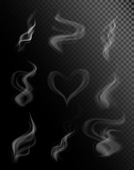 Vector illustration set of smoke or vapor. Steam from a cup of hot coffee or tea isolated on transparent background.