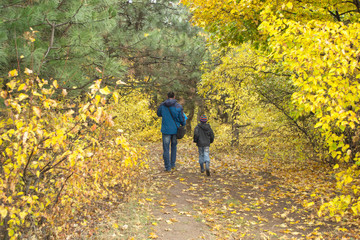 Obraz premium the little son with the father on walk in the autumn park