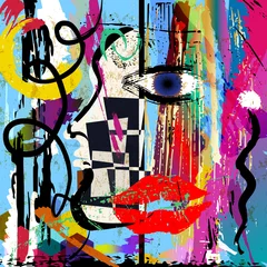 Gordijnen abstract womans face look, eye, mouth, vetcor art, fictional artwork © Kirsten Hinte