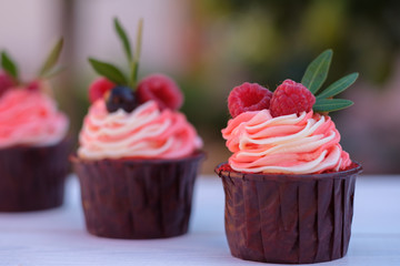 beautiful homemade cupcakes with cheese cream and fresh berries