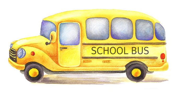yellow watercolor school bus driven in left direction.