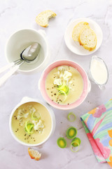 French cuisine: potage Dubarry. Cauliflower and leek cream soup