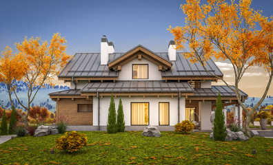 Fototapeta na wymiar 3d rendering of modern cozy house in chalet style with garage for sale or rent with large garden and lawn. Cool autumn evening with soft light from window.