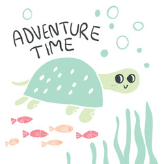 Hand drawn turtle with lettering and fish illustration