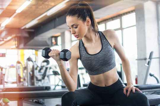Sporty woman lifting dumbbells in the gym