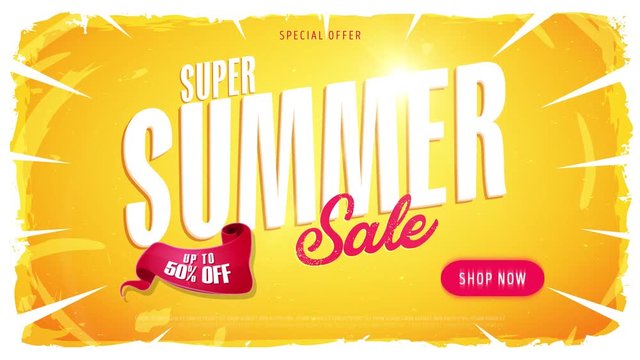 4k Summer Sale Video Ad Template/
Animation of a dynamic summer sale advertisement video template, one version with banner, text, shop button and elements