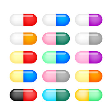 Colorful capsules. Vector illustration. Set of pills capsules in different colors isolated on white background.