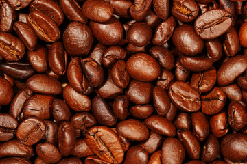 Close up of coffee beans texture background, selective focus