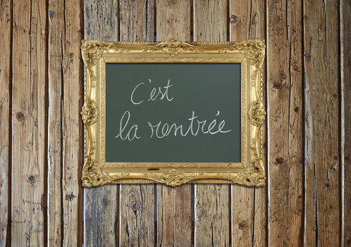 Old antique gold frame on textured wooden wall