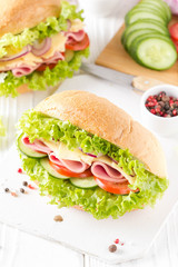 Closed sandwich in bun with ham, cheese, lettuce, tomato, cucumber, red onion. Delicious breakfast, classic lunch