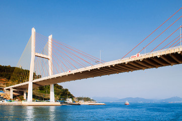 Yeosu harbor with Geobukseon or Dolsan-ro 2 bridge, South Korea