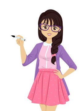 girl holding marker, wearing glasses, smiling clip art preview
