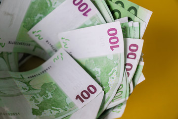 fanned hundred euro banknotes, european union money