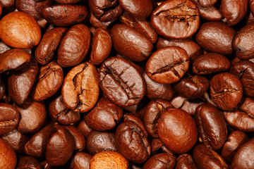Close up of coffee beans texture background, selective focus