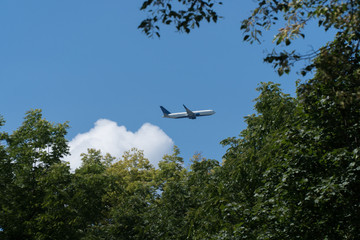 Commercial airline passenger jet flying high through the sky over park treeline just after takeoff from airport. Clear weather and blue skies make for reliable air traffic and transportation