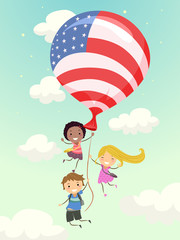 Stickman Kids Floating Balloon Flag Illustration