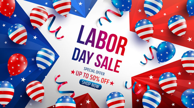 Labor Day Sale poster template.USA labor day celebration with American balloons flag,star and tools.Sale promotion advertising banner template for USA Labor Day Brochures,Poster or Banner