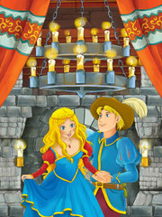 Obraz na płótnie Canvas cartoon scene with prince and princess talking together in the castle room - illustration for children 