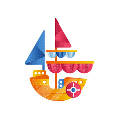 Small sloop ship with colored sails flat vector Illustration on a white background