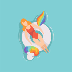 Young beautiful woman floating on inflatable ring in the shape of unicorn in swimming pool, top view vector Illustration