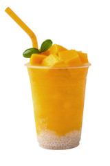 Ripe Mango Smoothies on a wooden plate with ice cubes and fruit as background