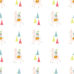 Seamless pattern with Christmas,  gift boxes, lama and Christmas trees. Vector illustration. Creative childish background. © Annakristal