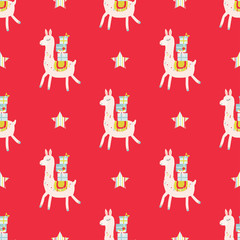 Seamless pattern with Christmas,  gift boxes, lama and Christmas trees. Vector illustration. Creative childish background. © Annakristal