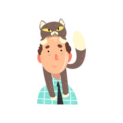 Man and his grey cat, adorable pet on the head of its owner vector Illustration on a white background