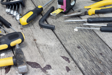 Variety of working tools for operator's  are placed on the table.