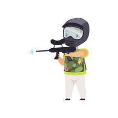 Little boy wearing mask and vest playing paintball with gun vector Illustration on a white background