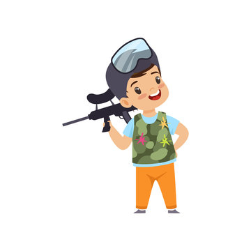 Cute little boy playing paintball with gun wearing helmet and vest vector Illustration on a white background