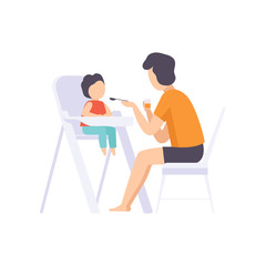 Young father feeding baby sitting in the highchair, dad taking care of his child vector Illustration on a white background