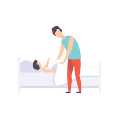 Father putting his kid to bed, dad taking care of his child vector Illustration on a white background