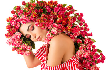 Beauty Model Face with rose, red fashion makeup