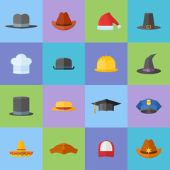 Set of different hats flat style icons. Headwear vector illustration.