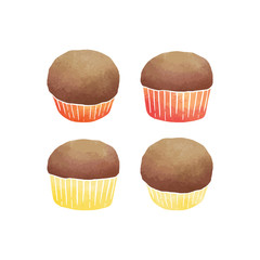 Hand drawn vector illustration of watercolor banana cupcakes on white background.