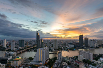 Night of the Metropolitan Beautiful sunset curve Chao Phraya River long exposure light Bangkok City downtown cityscape urban skyline - Cityscape Bangkok city Thailand