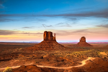 The West and East Mittens Butte in Monument Valley Navajo Tribal Park at dusk, Arizona, USA.
