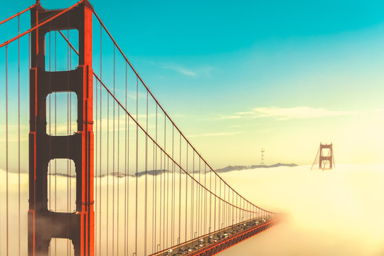 Overlook Of The Famous Landmark The Golden Gate Bridge Caught In The Mist, San Francisco, California Pacific Coast, USA. Vintage Look.