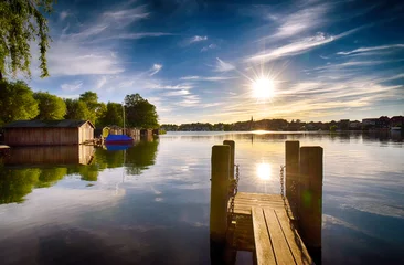 Fototapeten Sonnenuntergang am See mit Steg in Malchow (Mecklenburg-Vorpommern / Deutschland) © balipadma
