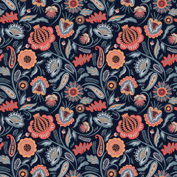 Folk Floral Seamless Pattern. Modern Abstract Design