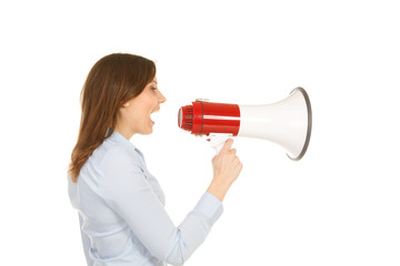 Naklejka premium beautiful woman speaks loudy in megafone